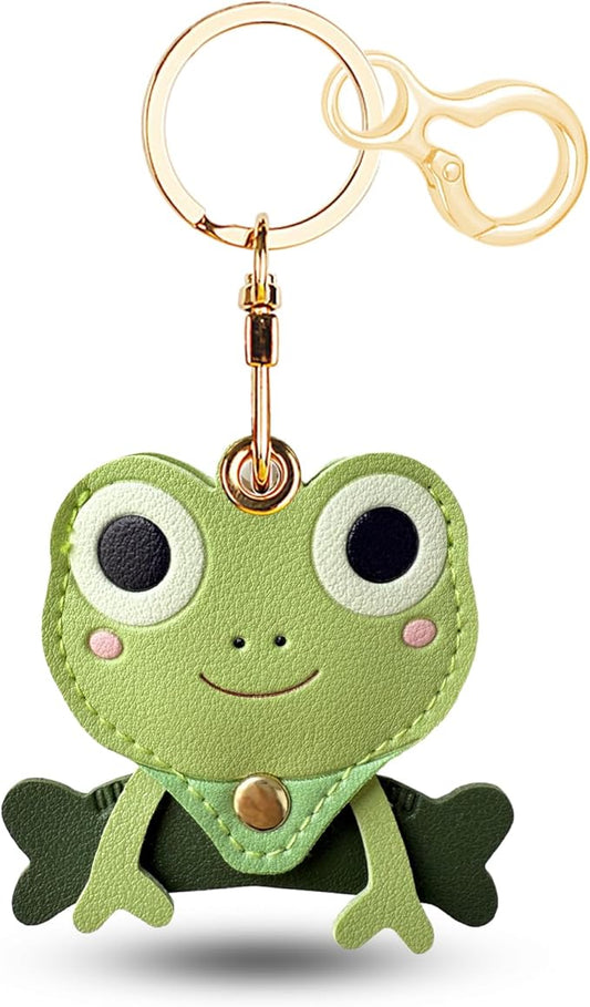 Leather Keychain for Airtag, Cute Protective Keychain Holder Compatible with Apple Air Tag,GPS Item Tracker Case Cover for Keys,Bags,Pets,Luggage(Frog)