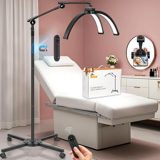 HITTI Half Moon Eyelash Esthetician Light - 2026 LED Lash Tech Lamp with 4-Wheel Rolling Base, 3 Color Modes, Dimmable Brightness & Phone Holder for Extension, Tattoo Artists, Beauty, SPA -Black