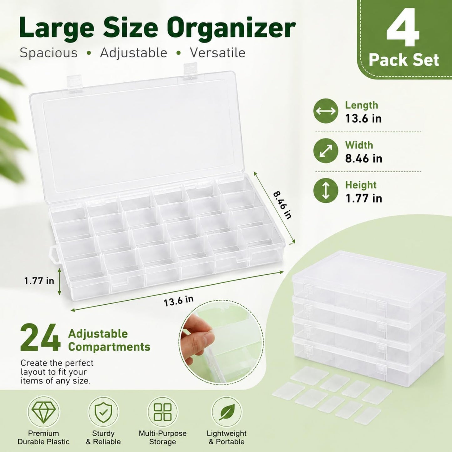 APACALI 4 Pack Large Clear Organizer Box with Dividers, 24 Adjustable Compartments Tackle Box & Bead Organizer for Crafts Small Parts