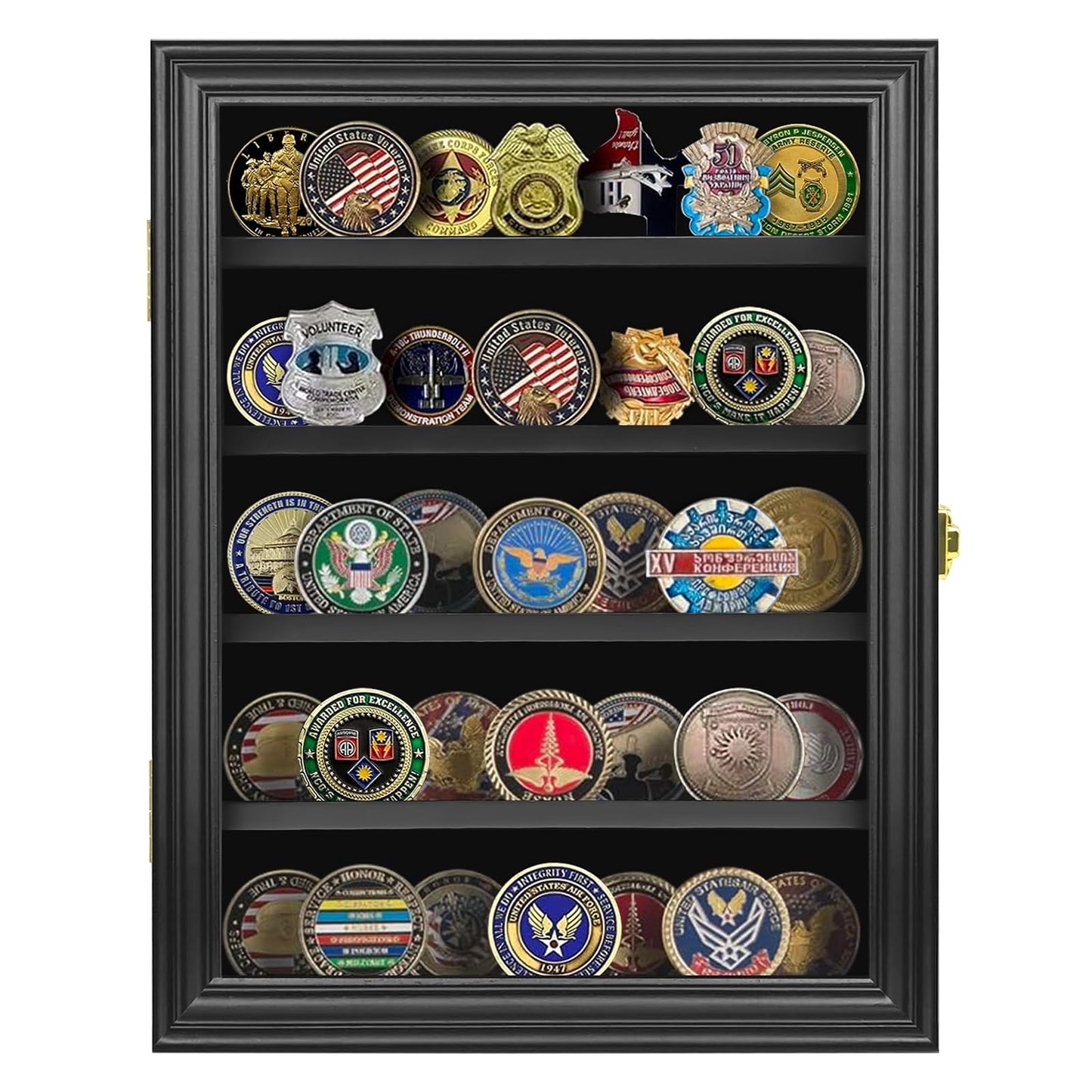 Military Challenge Coin Display Case Holder, Lockable Wooden Army Coins Display Box Cabinet with Anti Fade Acrylic Glass Door, Coin Stand Rack with Removable Shelves and Wall Mounted, Black