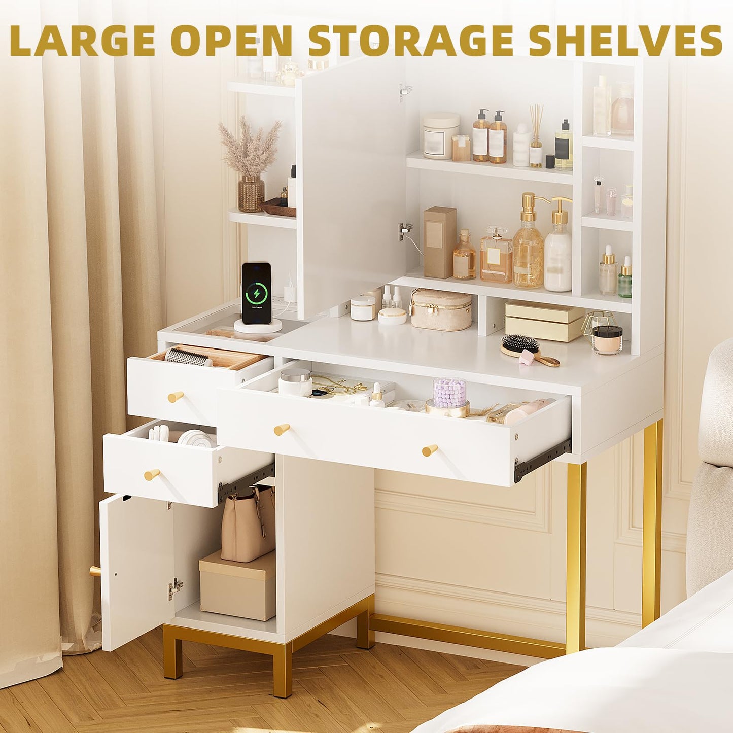 Garvee White Vanity Desk with Mirror and Lights, Glass Top Makeup Vanity White and Gold Dressing Table with Charging Station Large Vanity Desk with 3 Drawers, 3 Color Lighting Modes for Women Girl