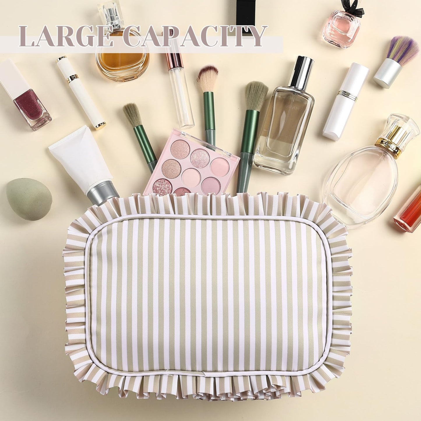 Kigeli Ruffle Makeup Bag Preppy Makeup Pouch Large Travel Cosmetic Bag Nylon Waterproof Toiletry Make up Organizer for Women(Striped,Khaki)