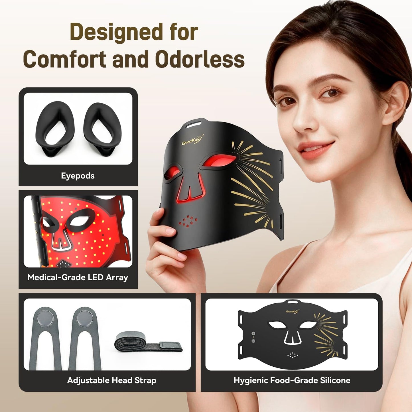 HSA FSA Gracekey Red Light Therapy for Face, 4-in-1 Colors LED Facial Light Therapy Mask, 2000mAh Rechargeable Light Therapy with Timer for Home Use
