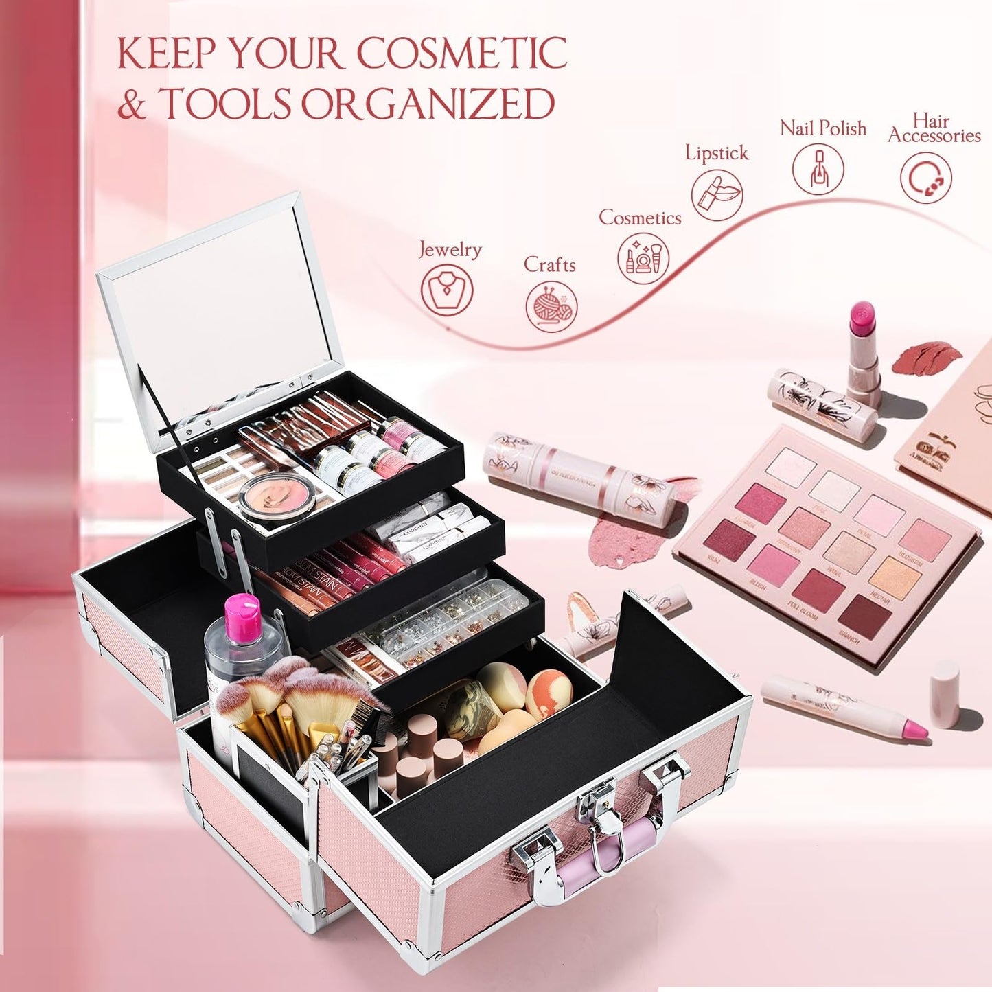 Joligrace 3-Tray Makeup Case with Mirror & Brush Holder, 11.6" Mermaid Pink