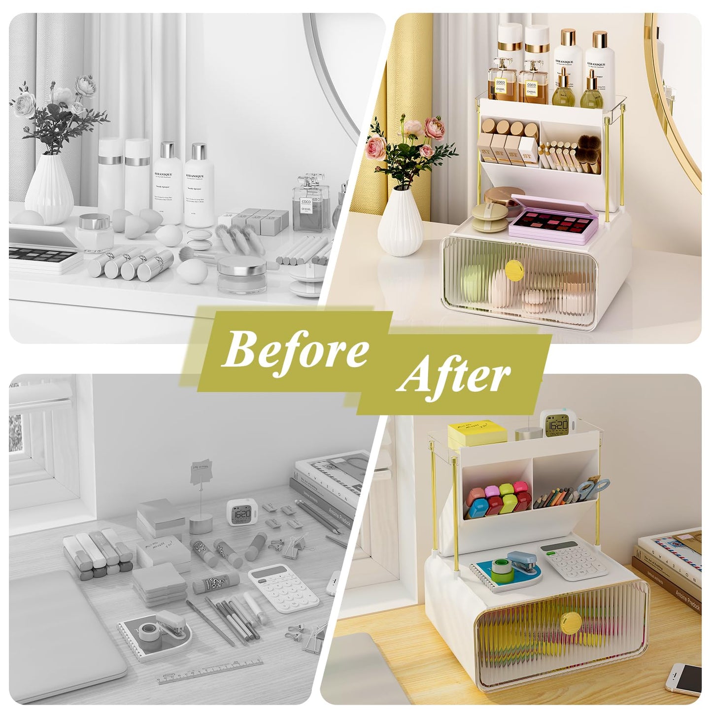 FOLLOWIN Bathroom Counter Organizer with Drawer, Dresser Top Organizer with Make Up Brush Holder, Makeup Shelf, Vanity Organizers, Cosmetic Perfume Organizer, Clear