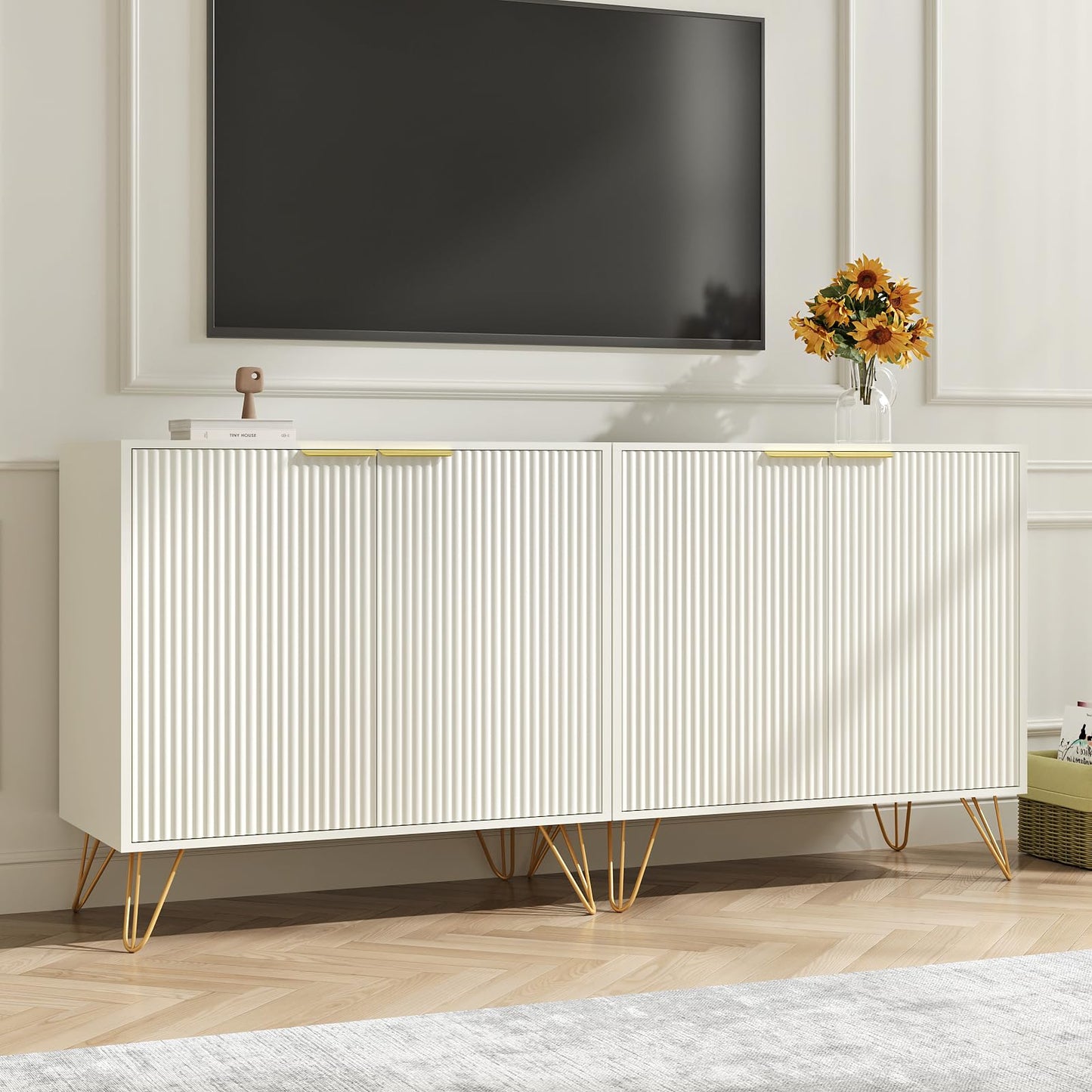 NOVAMAISON White Buffet Cabinet with Storage - Fluted White and Gold Cabinets with 2 Doors and Adjustable Shelf, Modern Accent Cabinet Console Coffee Bar Table for Kitchen, Entryway, Office