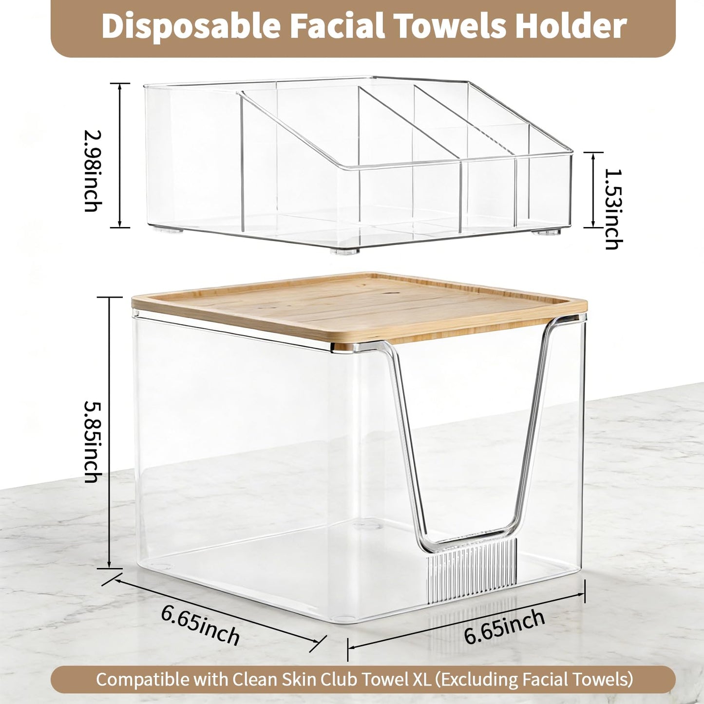 2 in 1 Disposable Facial Towel Holder and Cosmetic Organizer, Clear Storage with Bamboo Lid Compatible with Clean Skin Club Towel XL, Stackable Vanity Organizer for Bathroom Vanity Counter (1 Pack)