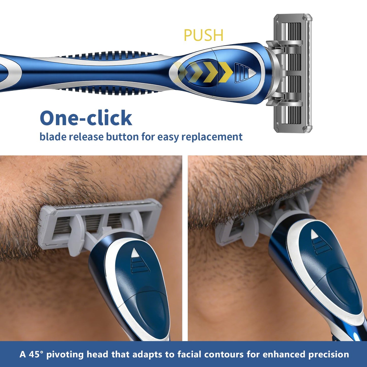 FYNEDGE 6-Blade Razor Refill Cartridges 4 Count, Professional Razor Blades for Men with Lubricating Strip, Wall Hook & Cleaning Brush Included for Smooth Shaving with Matching Handle