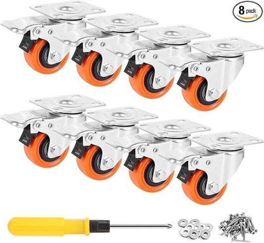 WBD 2" Plate Caster Wheels Set of 8, Heavy Duty Casters with Brake, 1200 Lbs, Safety Dual Locking, Industrial Swivel Top Plate Casters Wheels for Furniture, Carts (Screws and Screwdriver)