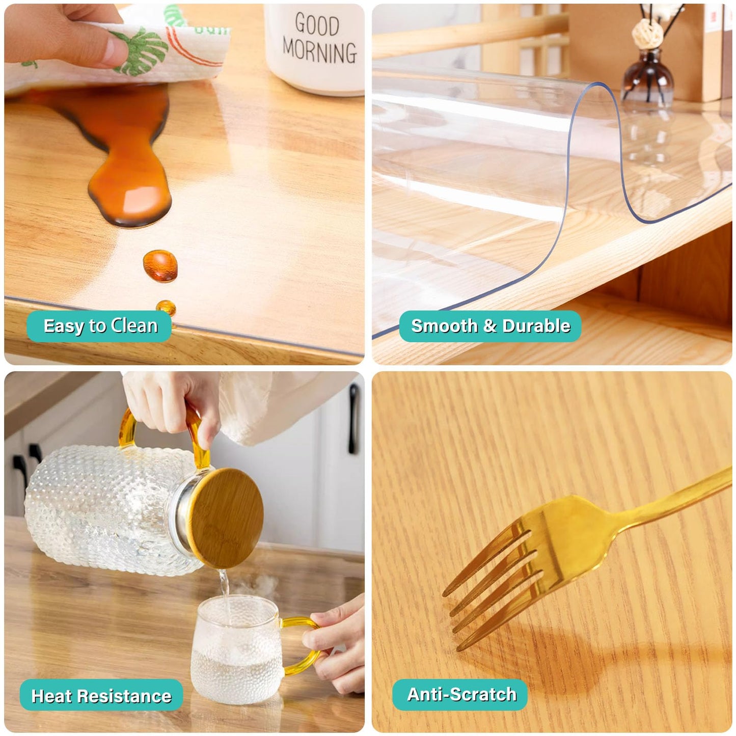 AimerGro 48x48 Inch Clear PVC Table Cover Protector, 1.5mm Thick, Transparent, Rectangular, Minimalist, Anti-scratch, Wipeable, Easy Clean, Wood Marble Glass Tabletop Protection