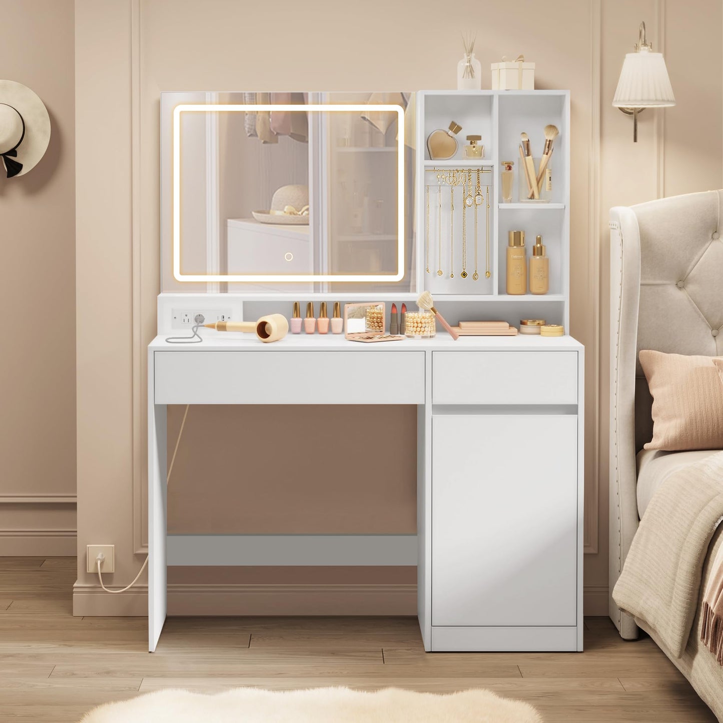 VASAGLE KAILYN Collection - 43.3-Inch Vanity Desk with Mirror and Lights, Power Outlets, Modern Vanity Table Set with Stool, Jewelry Storage, Adjustable Shelves, for Bedroom, Cloud White URDT632WB02S