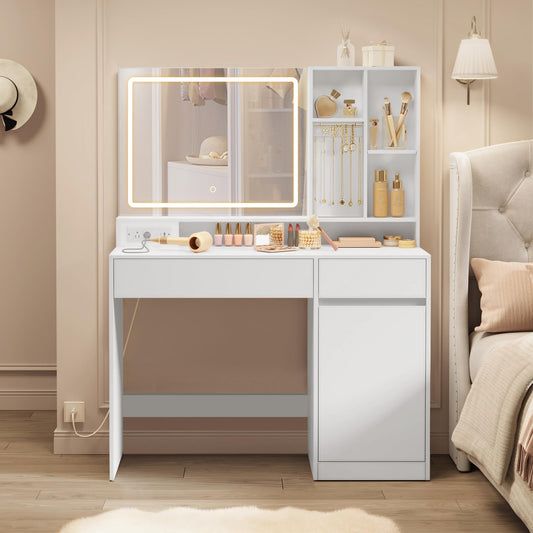 VASAGLE KAILYN Collection - 43.3-Inch Vanity Desk with Mirror and Lights, Power Outlets, Modern Vanity Table Set with Stool, Jewelry Storage, Adjustable Shelves, for Bedroom, Cloud White URDT632WB02S