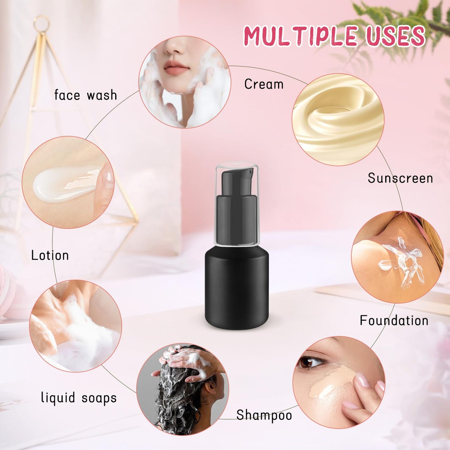 Wresty 6 Pcs Empty Glass Pump Bottles Refillable Cream Lotion Bottles Travel Sample Bottle Cosmetic Dispenser Bottle Containers For Lotion Cream Emulsion Essence (Black, 15ml/0.5oz)