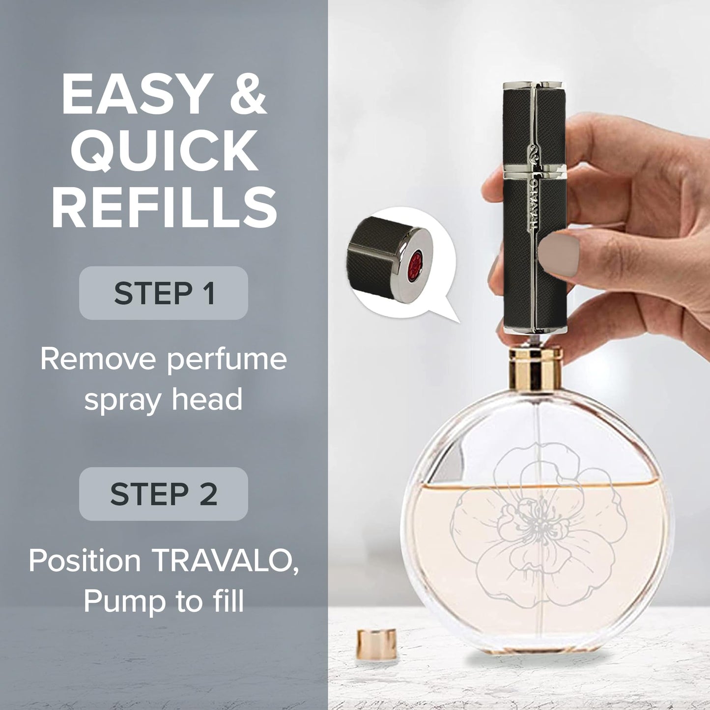 Travalo Milano Perfume Atomizer - Leak-Proof and TSA Approved for Air Travel - Reusable, Airtight, Easy Fill Mini Pump Sprayer - Lightweight Vegan Leather with Polished Metal Outer Shell - Black