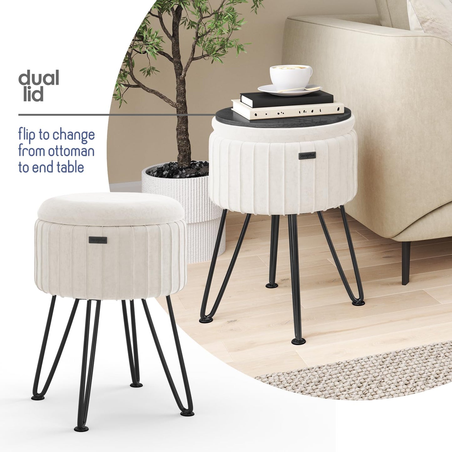 STORAGEBUD Round Ottoman with Storage, Pleated Velvet Storage Ottoman, Foot Stool Ottomans, Makeup Vanity Stool, Small Ottomans Foot Rest, Modern Vanity Stools for Living Room and Bedroom, Cream