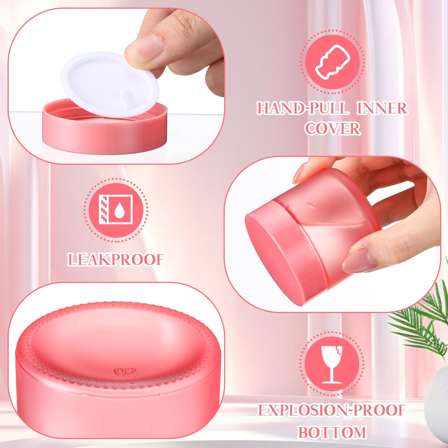 Domensi 48 Pcs 2 oz Glass Jars with Lids Travel Size Round Leakproof Empty Cosmetic Jars with Inner Liners Lid for Storing Makeup Lotions Face Cream Ointments DIY Making (Pink)