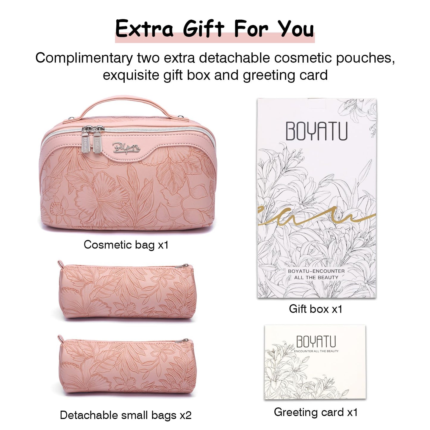 BOYATU Travel Makeup Bags Cosmetic Organizer Bag: 3-Set Large Capacity Make up Bag - PU Leather Toiletry Bags for Women - Wide Open Portable Pouch with Divider & Handle (01-Z-Pink)