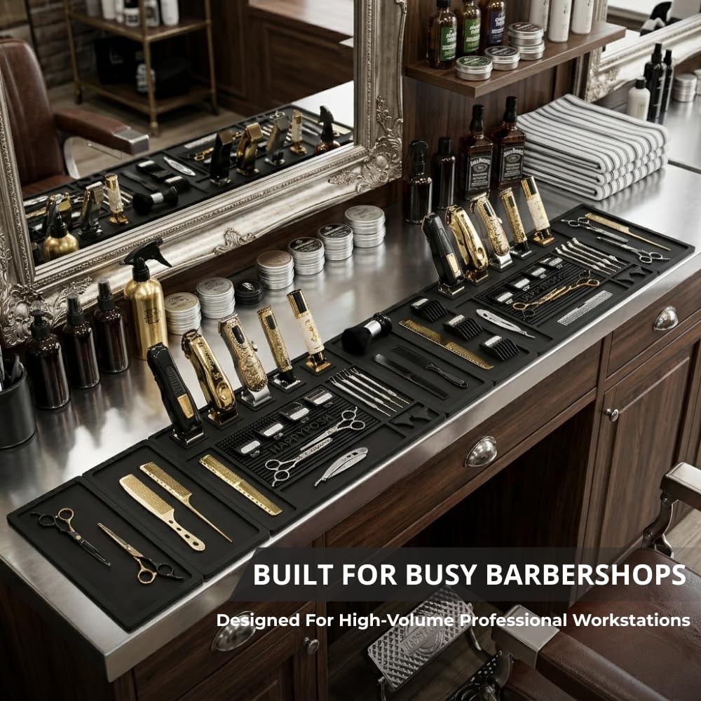 HAPPYPOSH Magnetic Barber Mats for Clippers, 7-Piece Modular Barber Station Organizer, Extra Large Barber Workstation Mat with 10 Strong Magnets, Non-Slip Professional Barber Tool Organizer