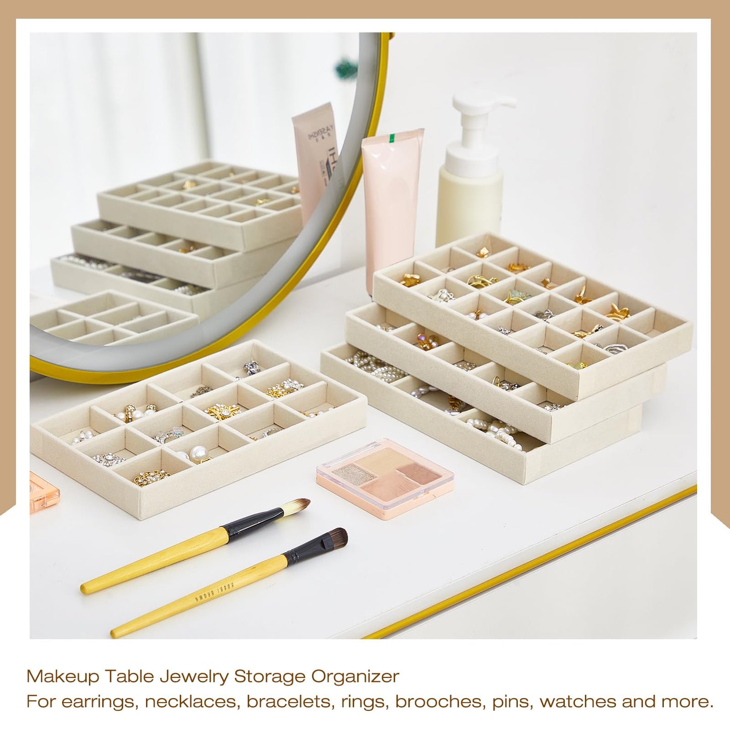 Junkin 12 Pcs Jewelry Tray Velvet Stackable Jewelry Organizer Trays Divided Earring Accessories Storage Containers Box(Beige)