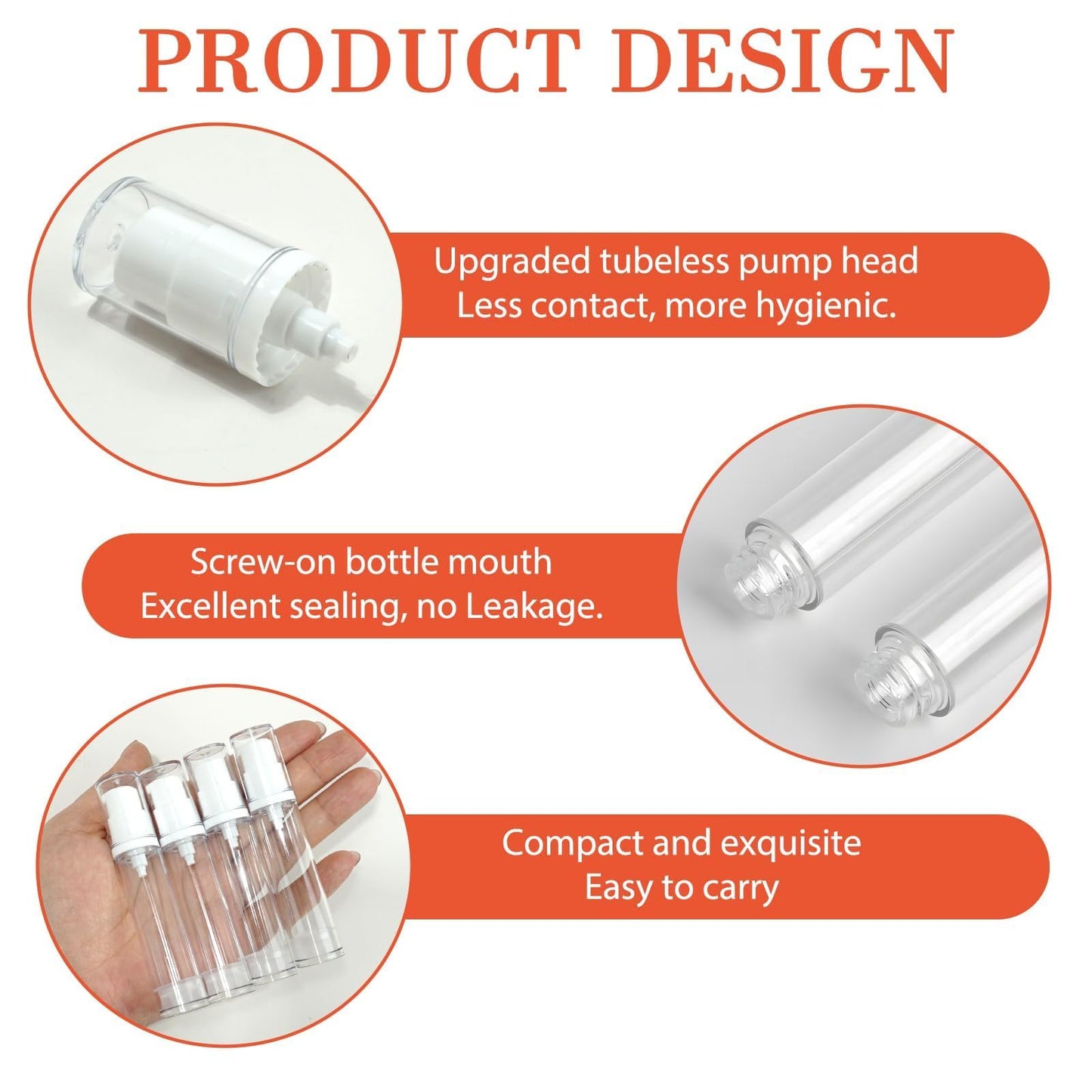 Airless Pump Bottles - Refillable Vacuum Travel Containers for Lotion, Cream, Serum, Foundation, Leak-Proof Clear Plastic Mini Dispensers, BPA-Free Travel Toiletry Pump 4 Pack 10ml