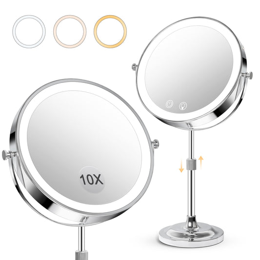 Telihopin 8" Makeup Mirror with Lights,4000mAh Rechargeable Vanity Mirror,1X/10X Double Sided Magnifying Mirror with Adjustable Height, 3 Colors Stepless Dimming Lighted Makeup Mirror,Women Gift