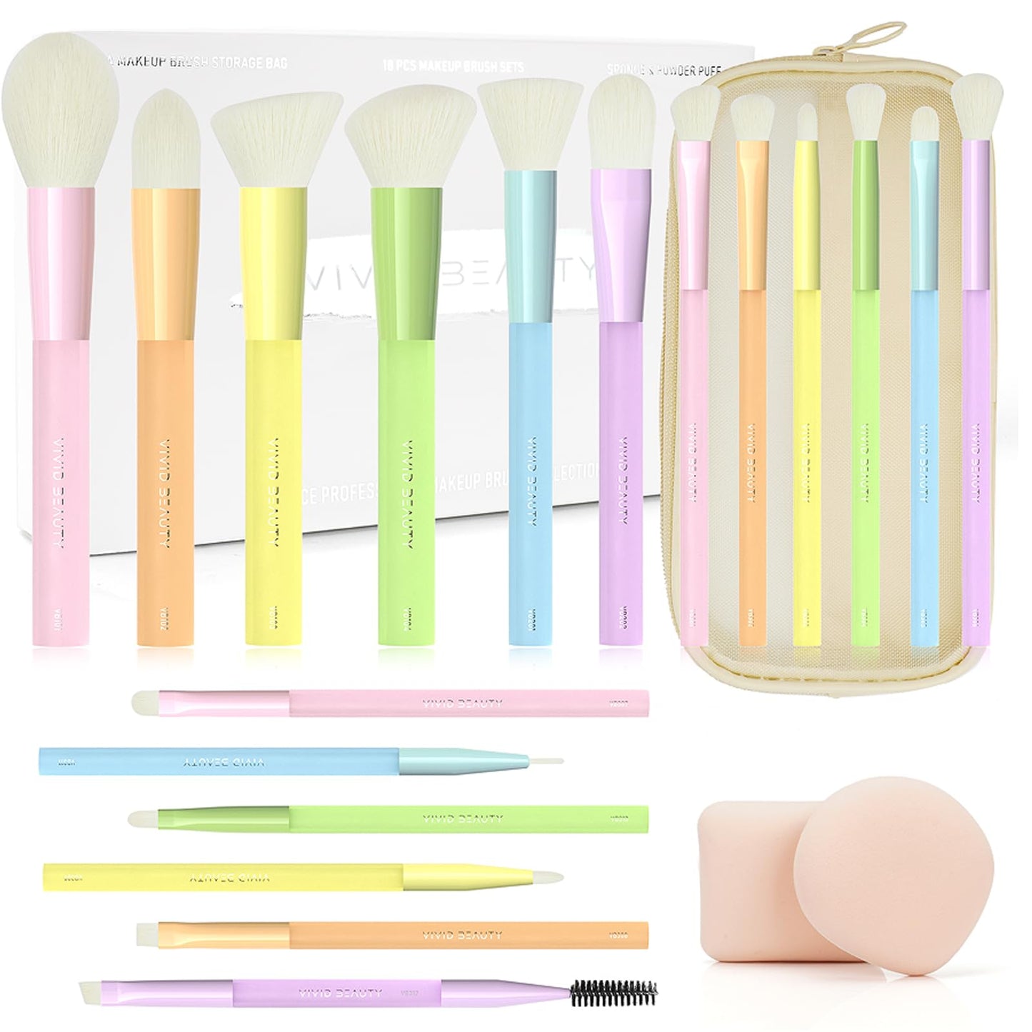 VIVID BEAUTY Makeup Brush Set, 18 Pcs Makeup Brushes with 2 Sponges & Travel Bag, Colorful Make up Brushes for Foundation Powder Blush Blending Eyeshadow, Face & Eye Brush Kit for Beginner
