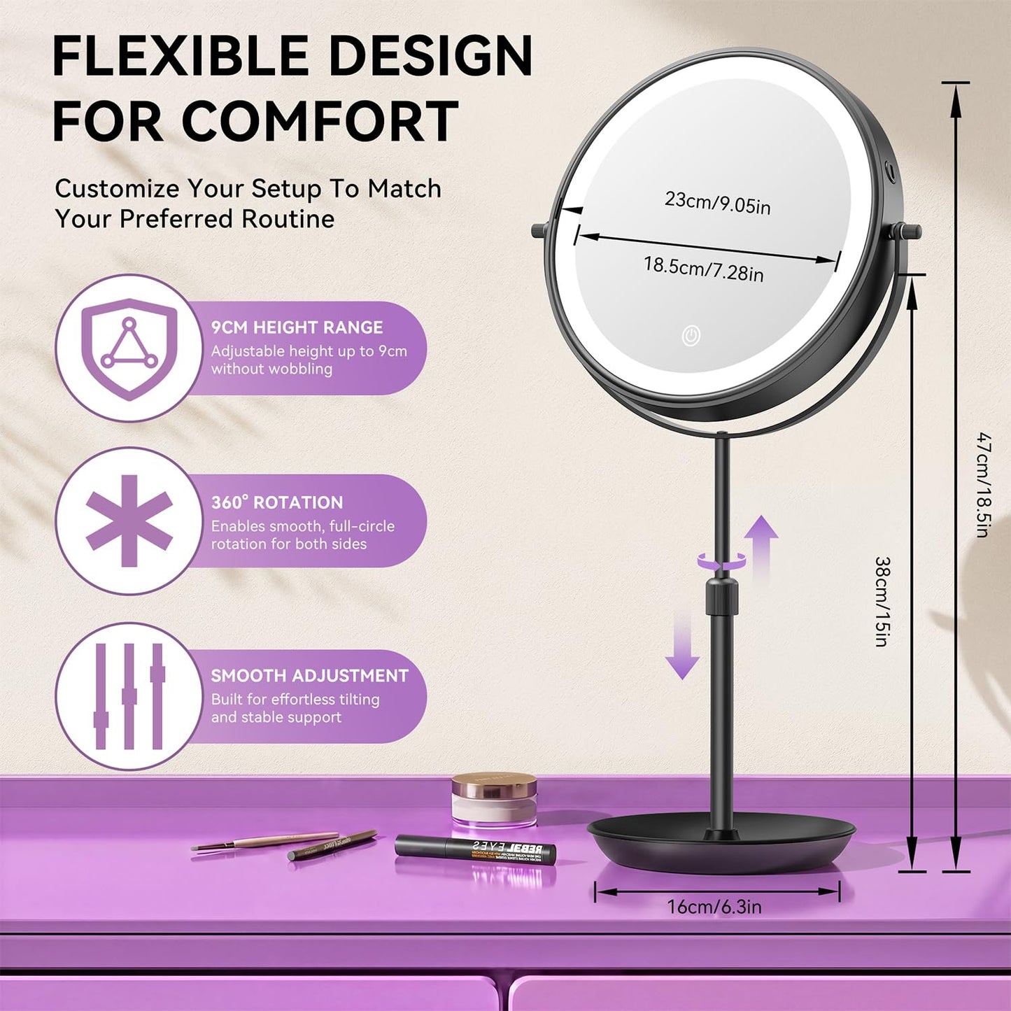 Auxmir 9" Large Lighted Makeup Mirror with Magnification, 1X/30X Double Sided Magnifying Mirror with Adjustable Height, Rechargeable Vanity Mirror with 3 Color Dimmable Lights, 360° Rotation