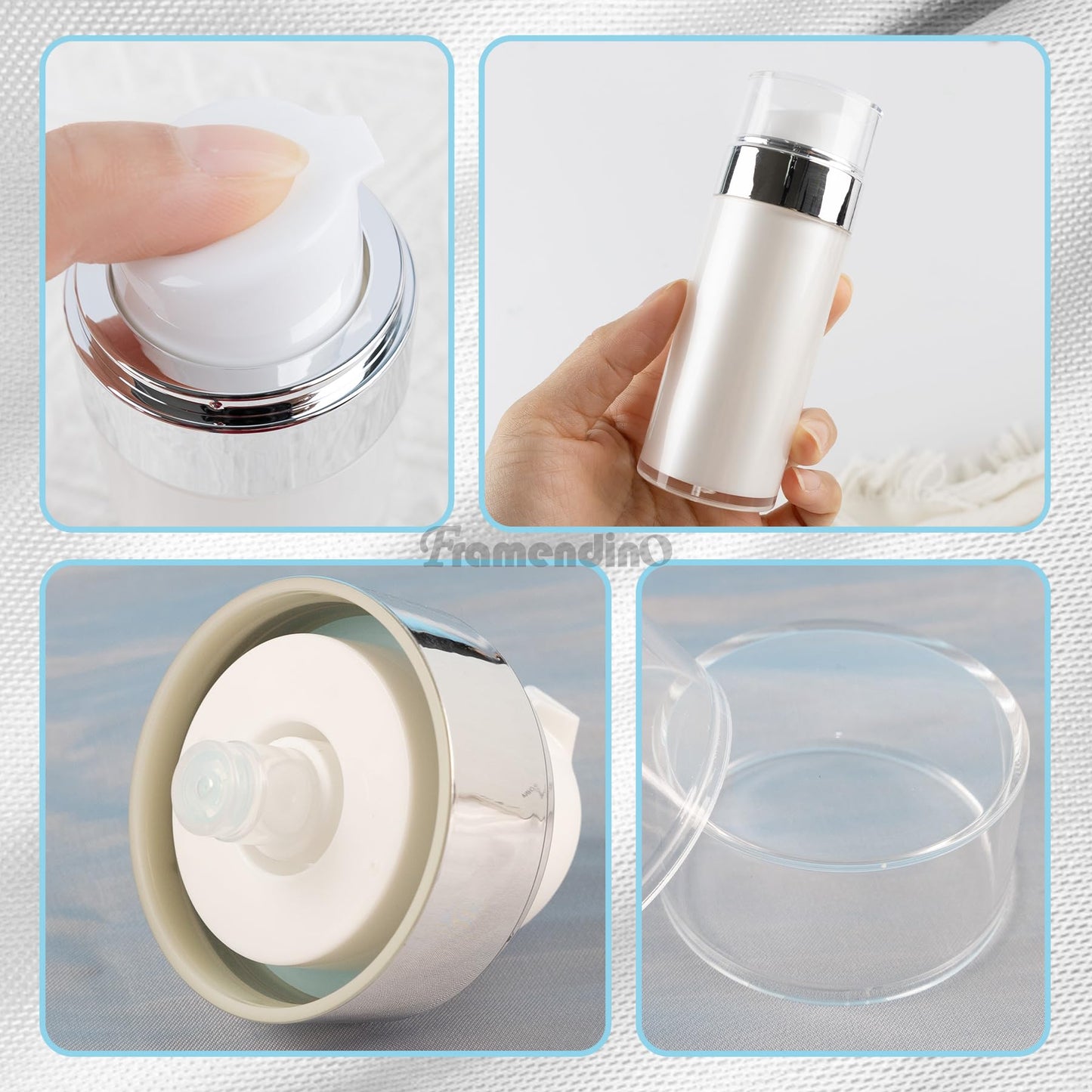 Framendino, 2 Pack Wide Mouth Pump Bottle Lotion Dispenser Airless Bottles Refillable Moisturizer Container with Silicone Spatula 1oz and 1.7oz