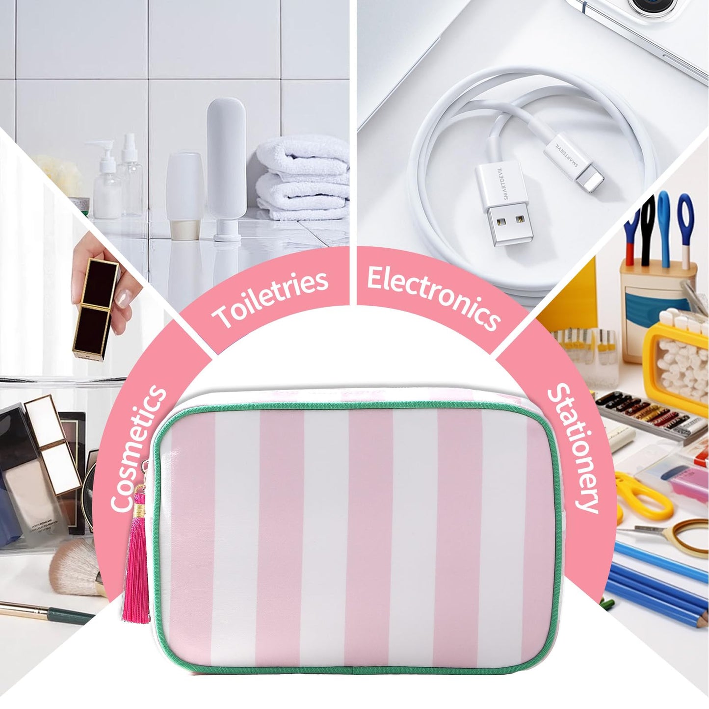 EMBRUNIOICE Stripe Makeup Bag Travel Cosmetic Bag Organizer Tassel Toiletry Bag Large Canvas Zipper Pouch and Mahjong Tile Bag (White with Pink)
