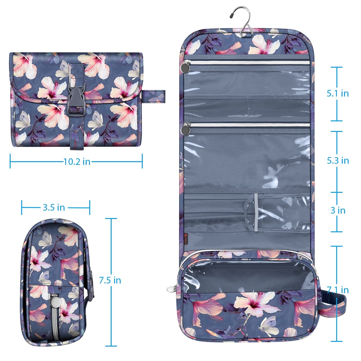 Fintie Portable Toiletry Cosmetic Travel Bag, Large Water Resistant Hanging Makeup Organizer Storage Pouch Case for Women Girls (Blooming Hibiscus)