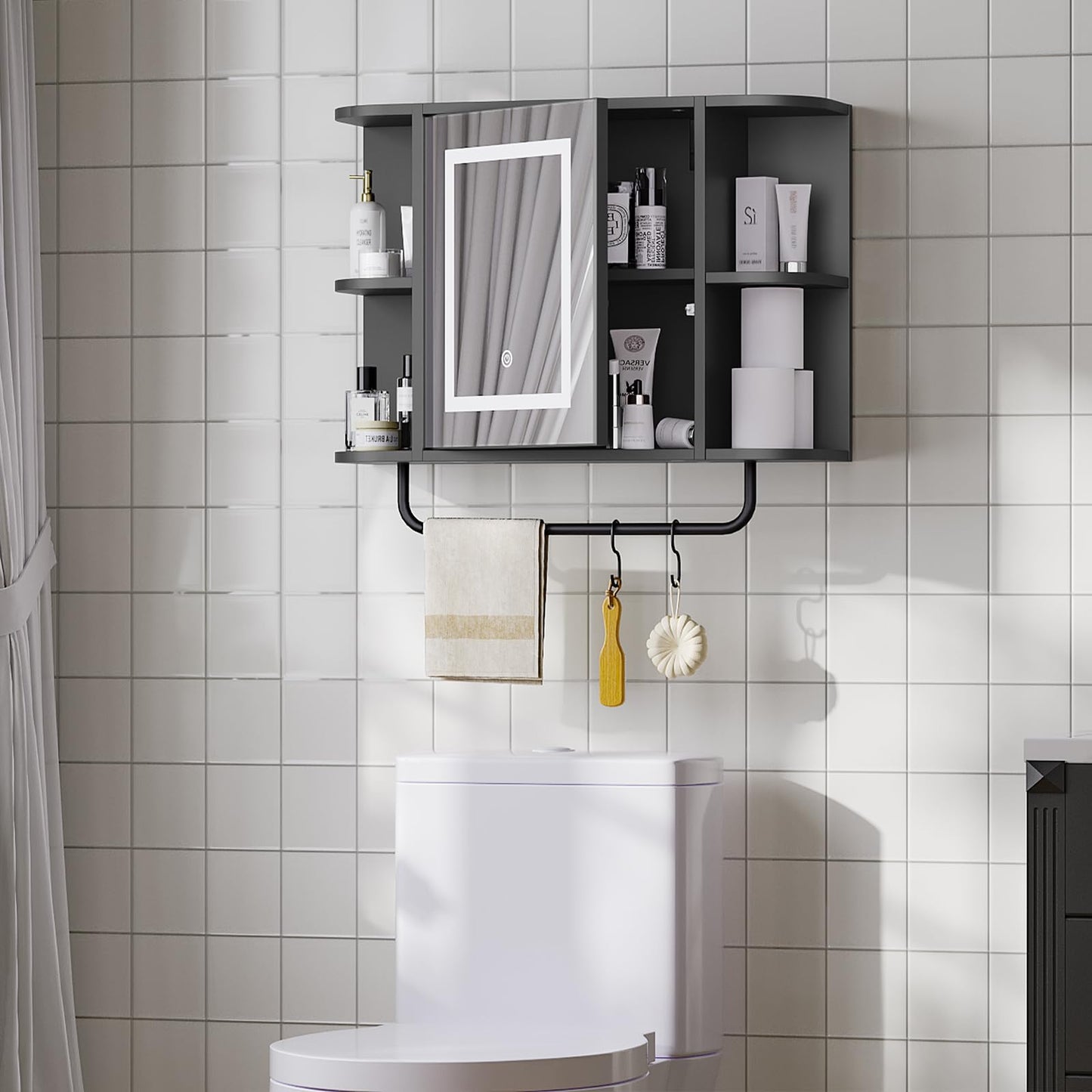 Bathroom Wall Cabinet with Mirror, Mirrored Medicine Cabinet with 3 Colors LED Light and 4 Open Shelves, Wall Mounted Over Toilet Storage Cabinets with Adjustable Shelf, 21.7"L x 6.7"W x 18.1"H, Black