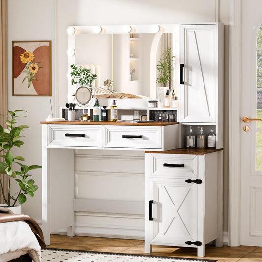 Topcomfy Vanity Desk with LED Mirror, Charging Ports, Farmhouse Makeup Vanity Desk with 3 Drawers & Jewelry Storage, 3 Adjustable Light Colors, Makeup Vanity, White