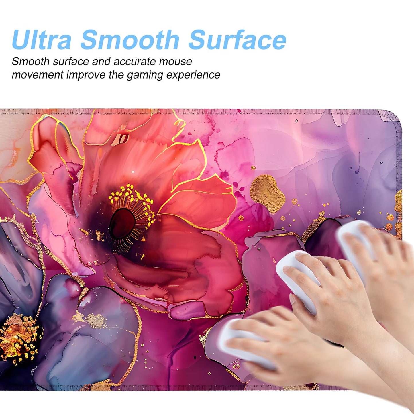 Floral Mouse Pad XXL – Large Desk Mat with Abstract Alcohol Ink Flowers in Pink, Purple & Teal, Extended Mousepad with Non-Slip Base for Office, Workstation, Gifts,31.5 x 11.8 in