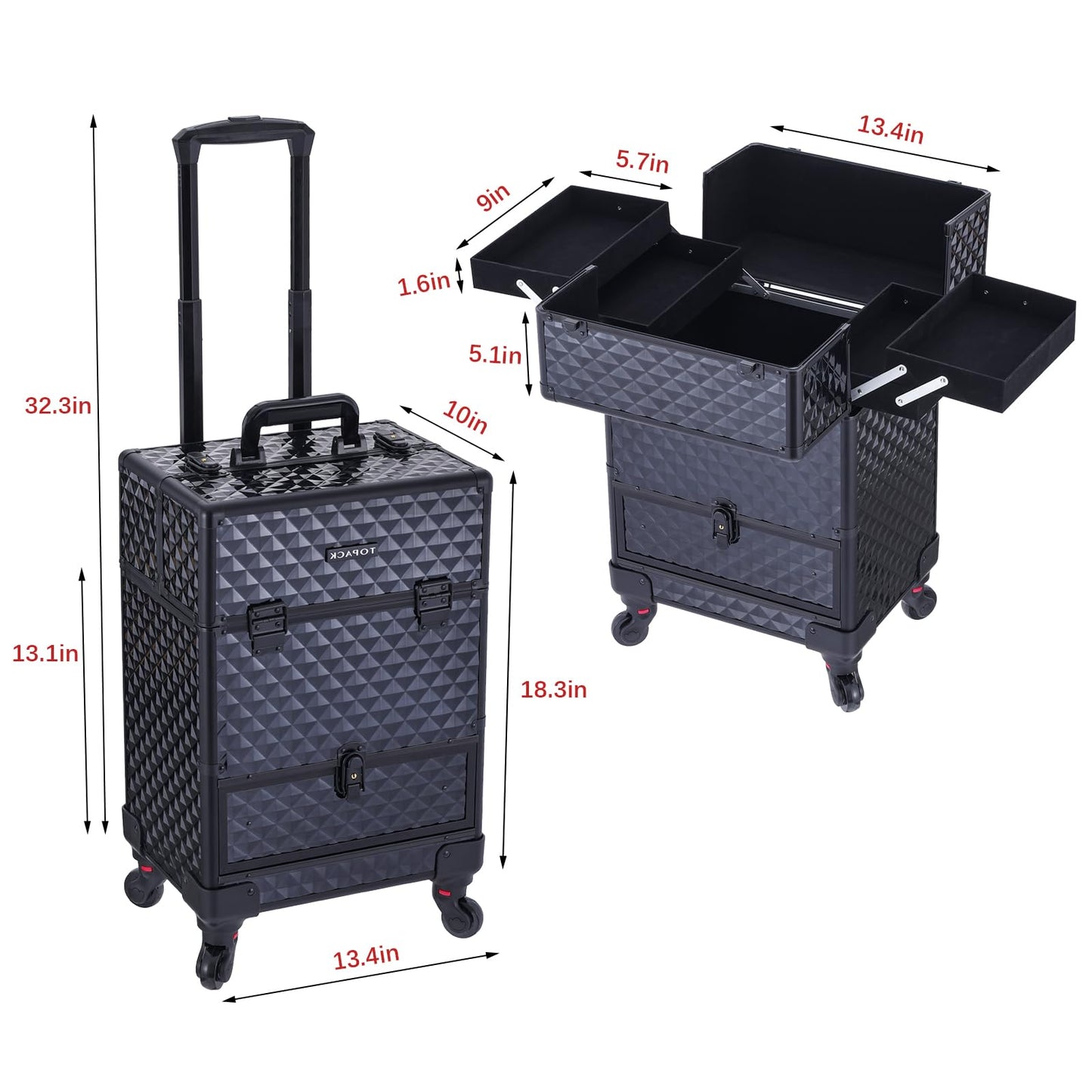 TOPACK Rolling Makeup Train Case,360°Rotaing Wheel Aluminum Cosmetic Case with Trolley 4-Tray for Tattoo/Barber/Nail Tech Travel Cart Organizer 13.1 * 9.8 * 18.3in BLACK (BLACK)