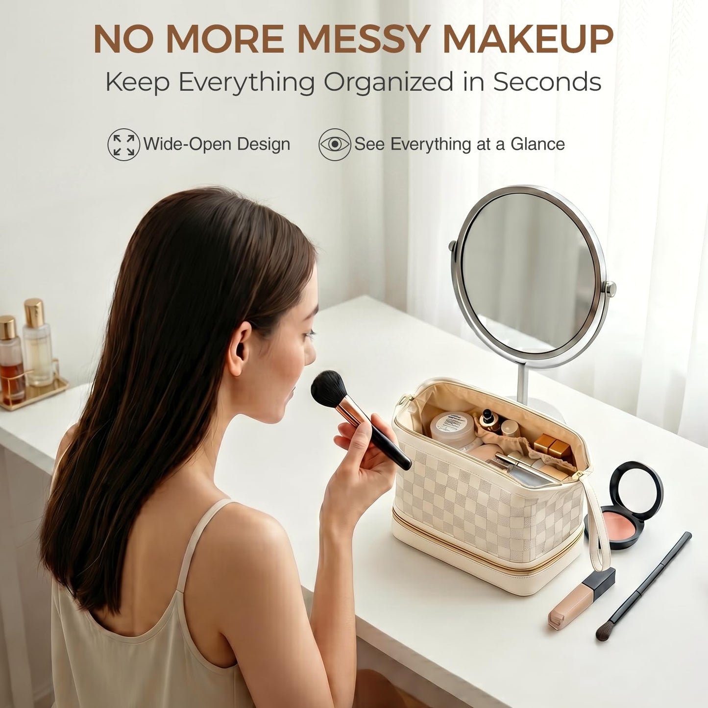 Hairao Large Makeup Bag for Women, Double Layer Travel Makeup Bag with Brush Compartment, Waterproof PU Leather Cosmetic Bag, Checkered Toiletry Bag Makeup Organizer for Skincare & Toiletries, Beige