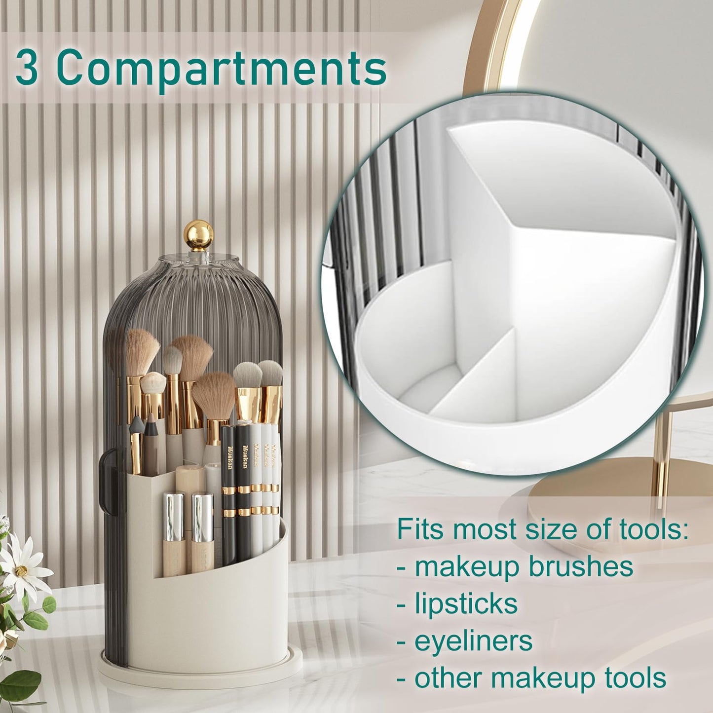 GAXmi Makeup Brush Holder with Lid Rotating Cosmetic Tools Organizer, Grey