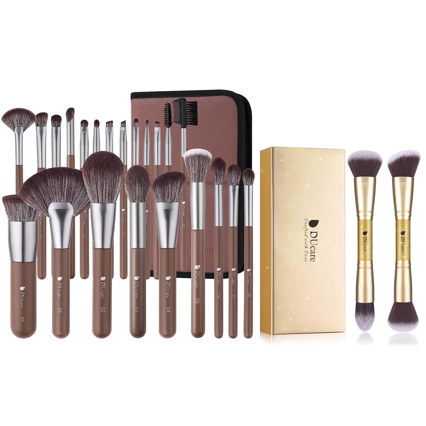 DUcare Makeup Brushes Professional with Bag+Duo End Foundation Powder Buffer and Contour Brushes