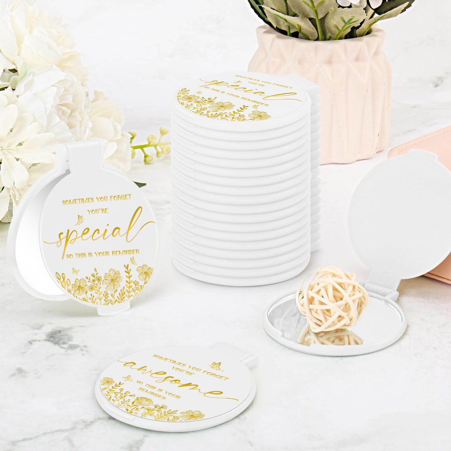 HSDSH 100 Pcs Inspirational Compact Mirror Bulk Small Pocket Mirror Purse Round Portable Folding Makeup Mirror Thanksgiving for Women Coworker Employee Teacher(White)