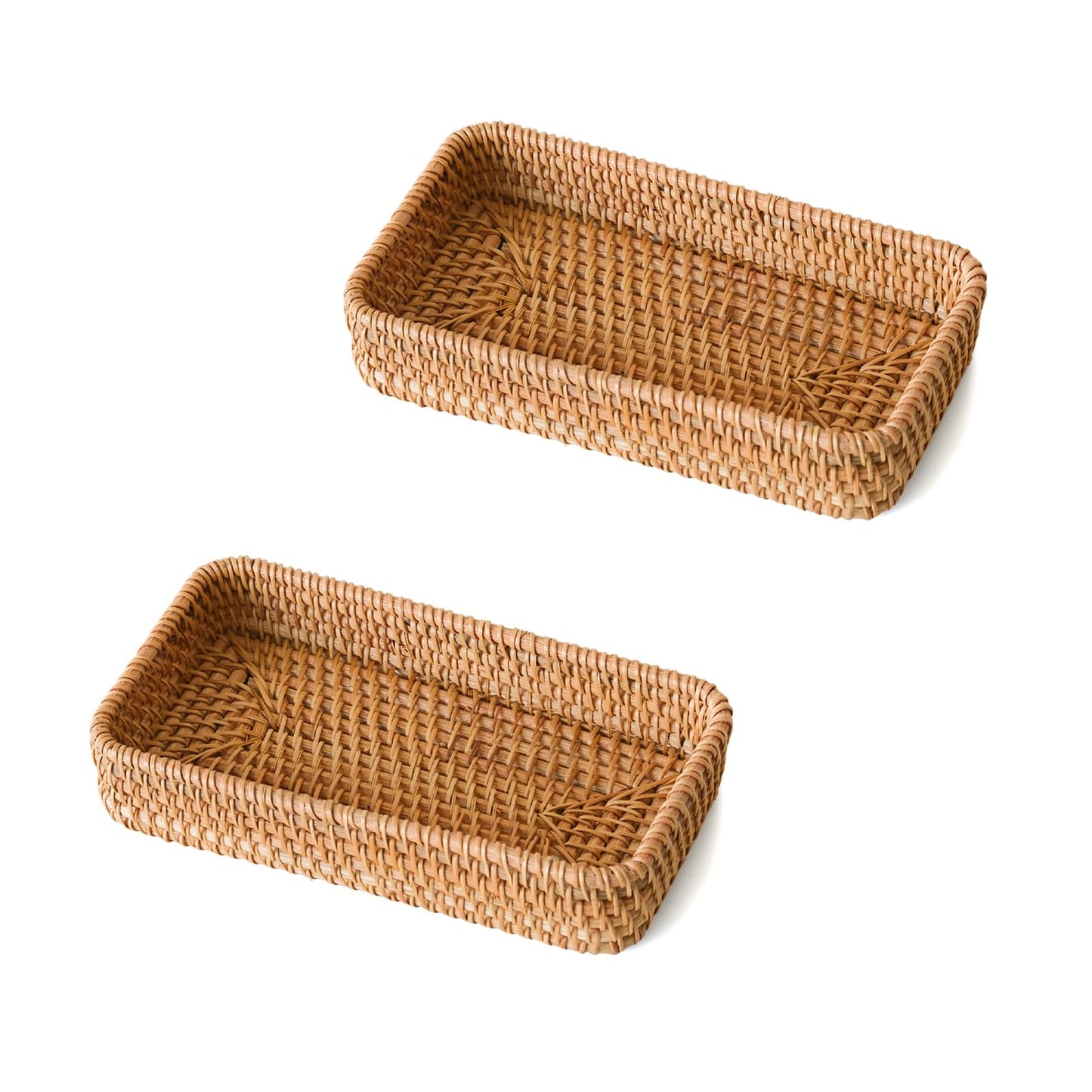 2 Pack Small Rattan Serving Tray, Natural Wicker Decorative Tray Handwoven for Keys Trinkets Rings Cosmetics, Decorative Jewelry Perfume Tray for Coffee Table Entryway Living Room(8.2" × 4.3")