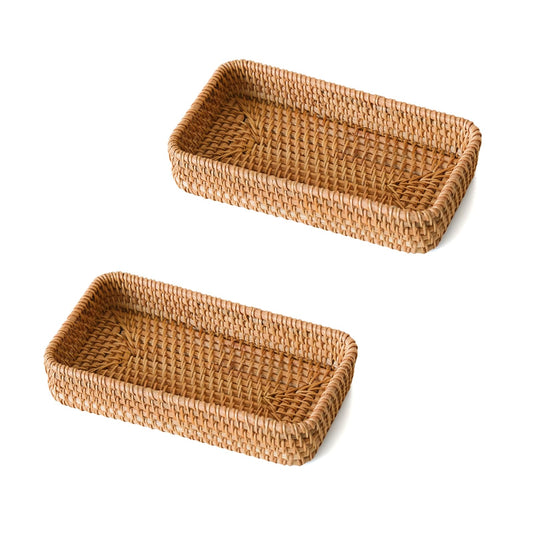 2 Pack Small Rattan Serving Tray, Natural Wicker Decorative Tray Handwoven for Keys Trinkets Rings Cosmetics, Decorative Jewelry Perfume Tray for Coffee Table Entryway Living Room(8.2" × 4.3")