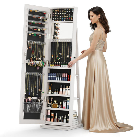 FAVSH 4-In-1 Jewelry Cabinet with Full-Length Mirror, 360° Swivel Jewelry Armoire Lockable Standing, Back Storage Shelves, Makeup Mirror, Jewelry Organizer with Storage for Best Gift, White