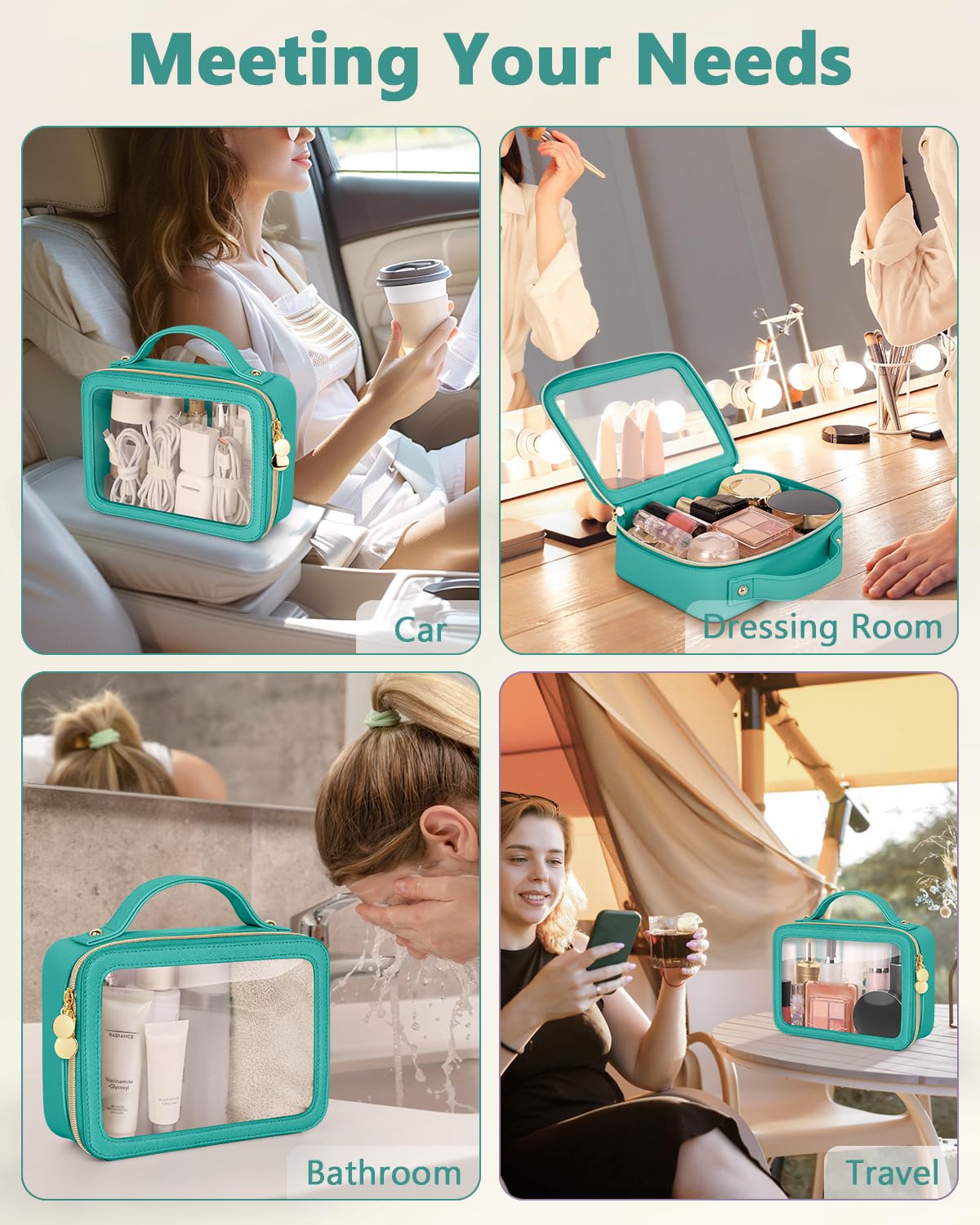 Soimeat Clear Makeup Bag, Portable Travel Cosmetic Bags, Multipurpose Leather Toiletry Bag with Zipper, Waterproof Transparent Cosmetic Organizer for Women, Medium, Green