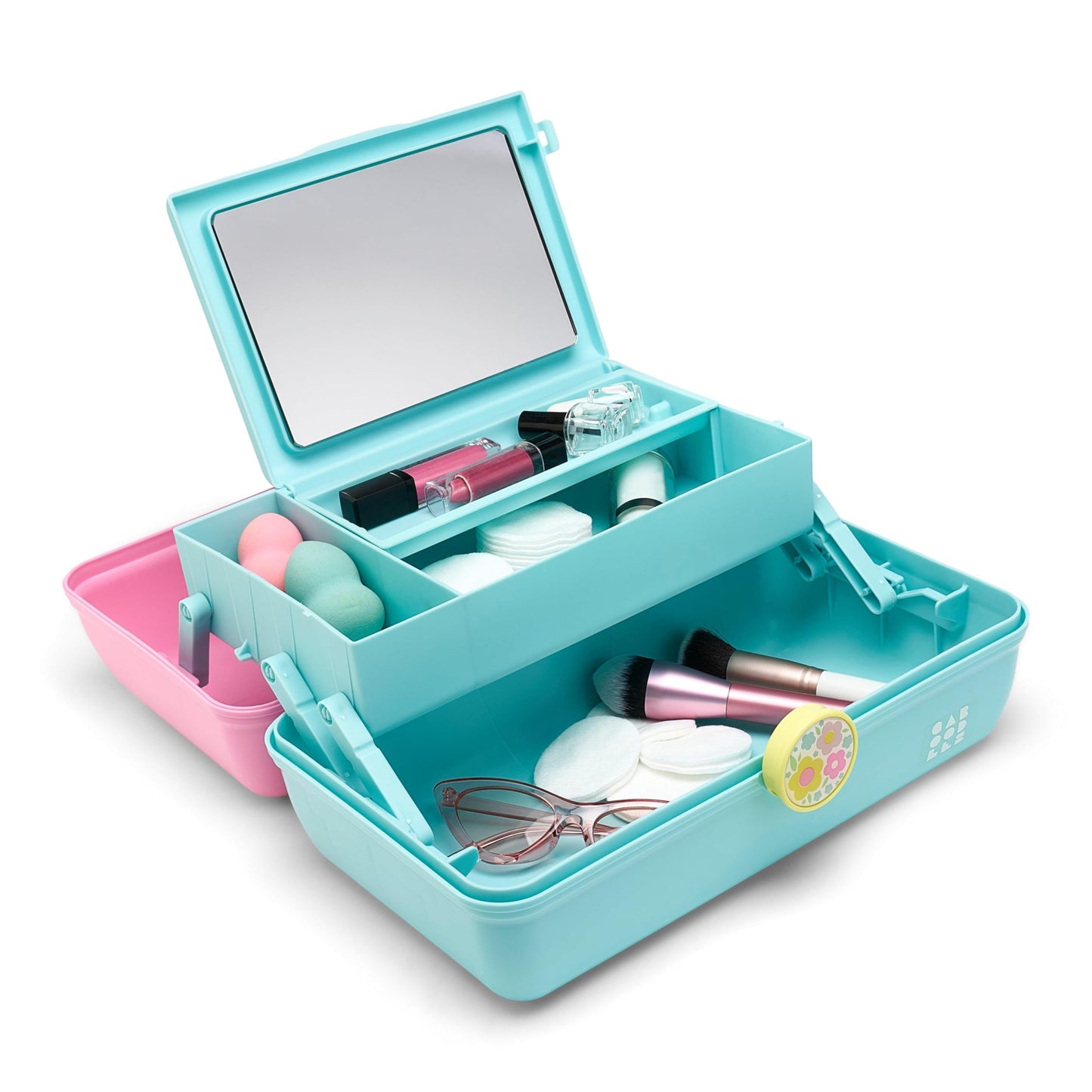 Caboodles On-The-Go Girl Makeup Storage Box 2-Pack, Two-Tone Pink/Light Blue and Lavender/Light Green, Hard Plastic Makeup Organizer Box, Built-In Mirror, Secure Latch for Safe Travel