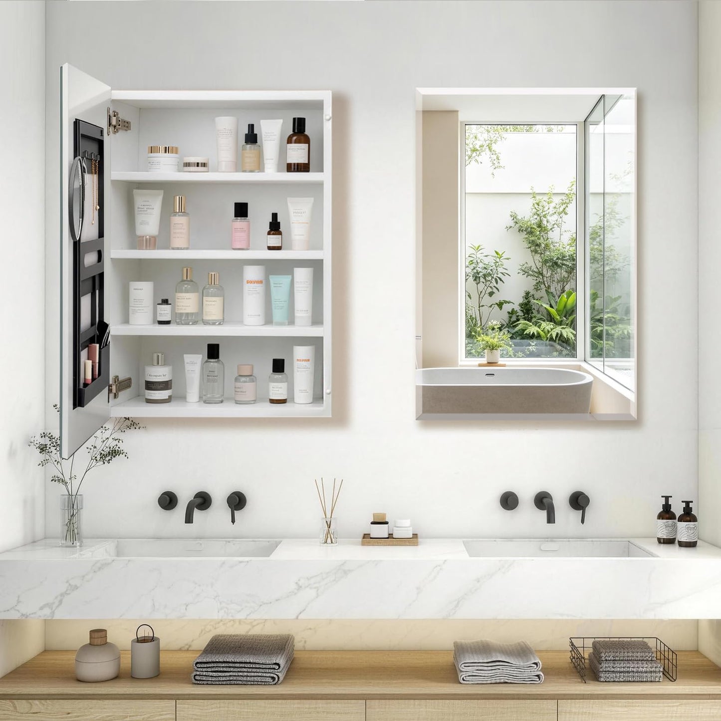 FUMANGO 22"x30" Medicine Cabinet,Bathromm Mirror Cabinet with 2X Magnifying Mirror,Soft Closing Hinge,A Mirror Cabinet with a Bevel,Recessed or Surface Mount,White