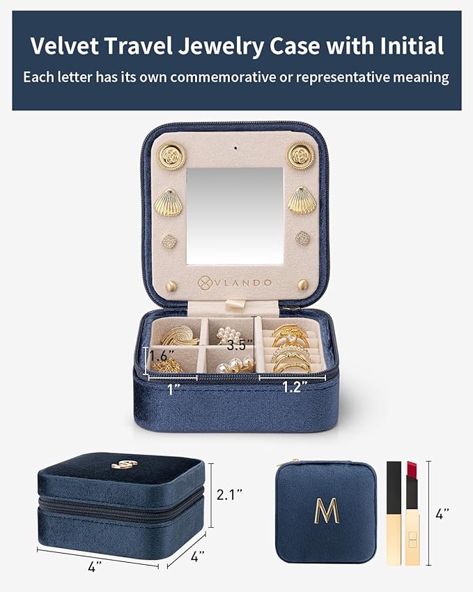 Vlando Mother in Law Mothers Day Gift, Initial M Travel Jewelry Case, Small Jewelry Travel Case, Mini Jewelry Case, Birthday Gifts for Women Mom Grandma - Letter M, Dark Blue