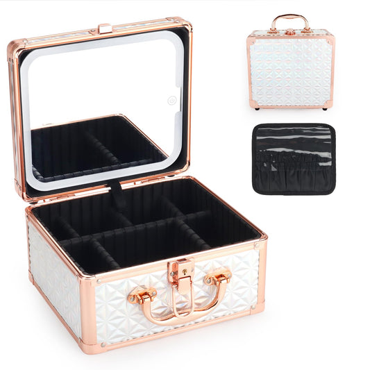 HAISKY Makeup Case with LED Mirror, Portable Lockable Vanity Case, Travel Makeup Train Box for Women, Cosmetic Organizer, Detachable 3-Color Lighted Mirror, Adjustable Dividers, Brush Holder