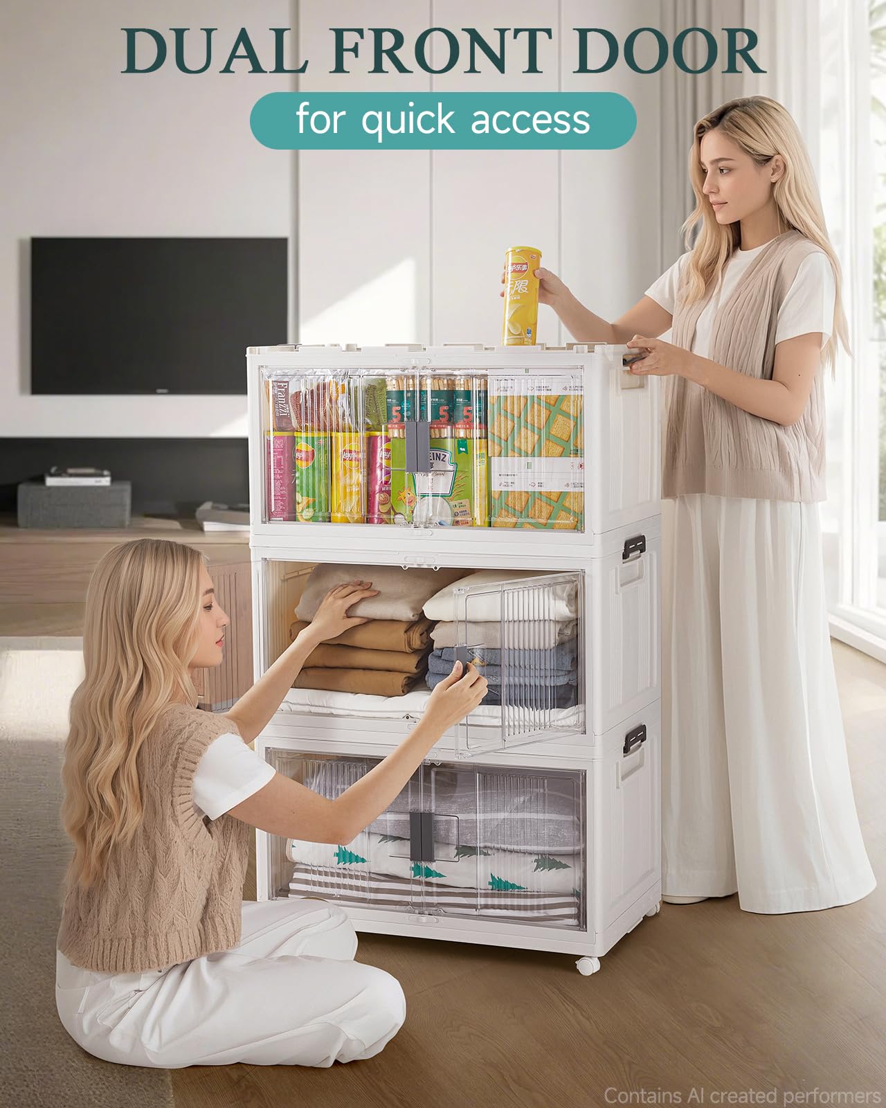OlarHike 97QT Lockable Stackable Storage Bins with Lids - Folding Box with Doors & Wheels, Collapsible Plastic Cabinets for Closets and Organization, Garage, Office, College, School, Shelves, 4 Pack