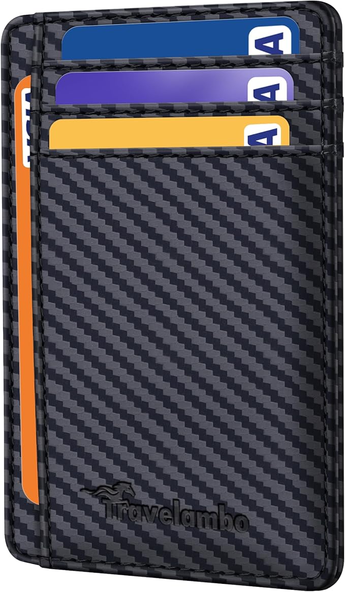 Travelambo Slim Wallet Front Pocket Minimalist Leather RFID Blocking Medium Size (Carbon Fiber Black)