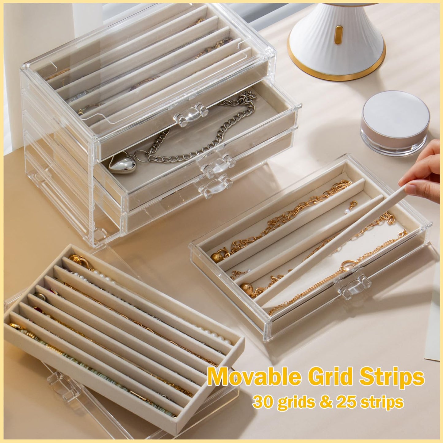 Necklace Organizer Box with 5 Drawers 30 Compartments, Dustproof Velvet Necklace Display Tray, Acrylic Necklaces Display Case, Pendant Chains Necklace Storage Tray Gift for Women and Girls (Beige)
