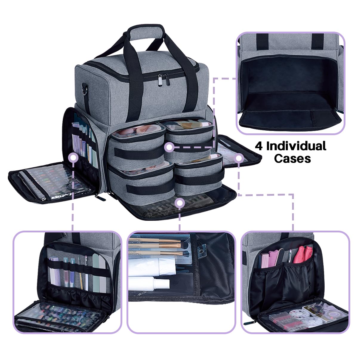 LANDFOBO Large Cosmetic Bag with 4 Removable Case with Inner Dividers, Grey